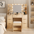 thumbnail image 2 of Tcbosik Vanity Desk with LED Lights, Makeup Table with Charging Station and Cushioned Stool, Dressing Table with Open Shelves and 7 Drawers, Oak, 2 of 6