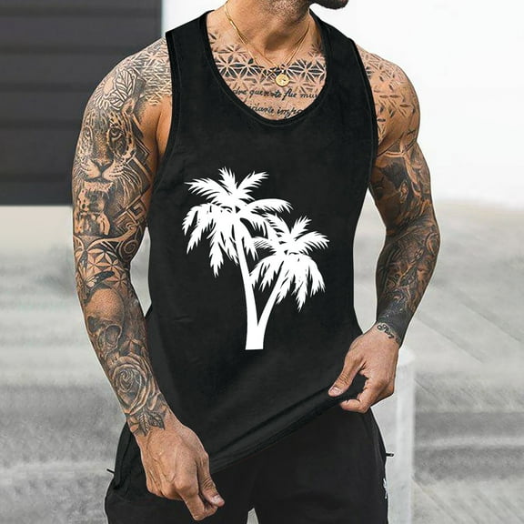 USSUMA Summer Savings! Beach Tank Tops for Men Sleeveless Crewneck Funny Print Graphic Tee Shirts Mens Graphic Palm Tree Print Muscle Basic T Shirts Black,S