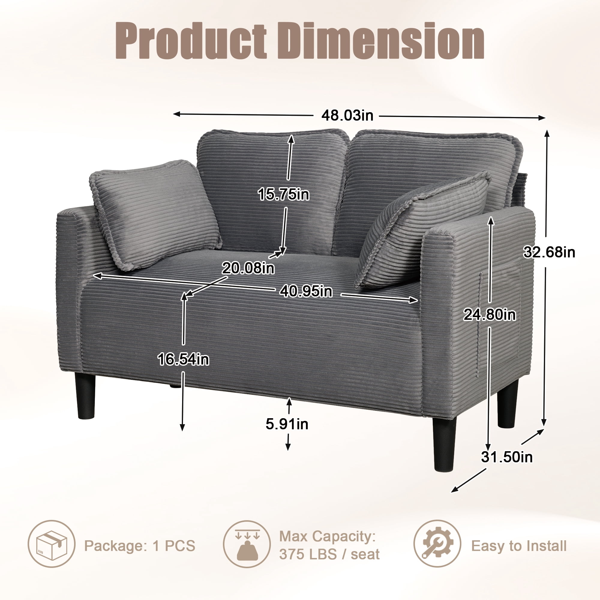 Loveseat Couch, 48 Inch Sofa, Corduroy Sofa with Convenient Side Storage Pocket, Composite Board and Solid Wood Frame, for Apartment Dorm Office, Grey