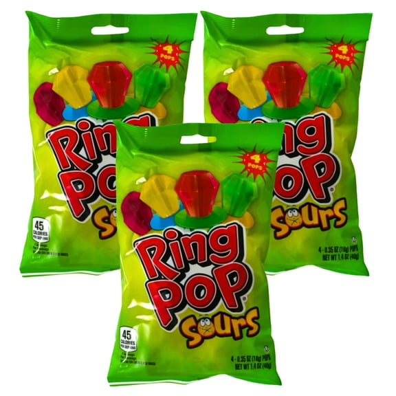 Ring Pop Sours, 4 Cts per Bag Individually Wrapped Fun Candy For Halloween Candy Bowls Party Favor Sweets Decor Trick or Treat Candies Basket Bag Fillers Stocking Stuffer Snack Party Favors Pack of 3