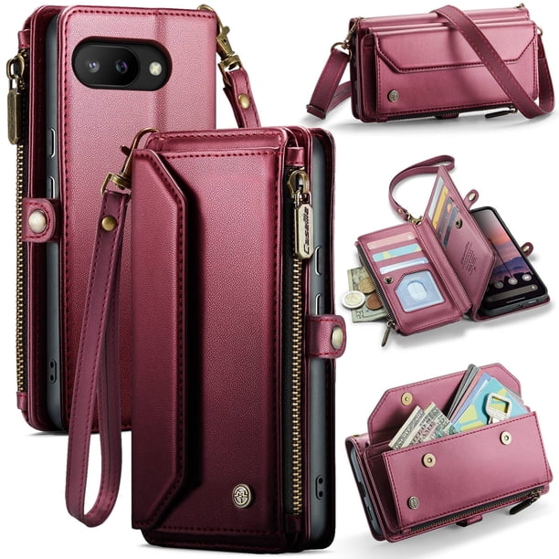 Funda tipo cartera para Google Pixel 9A con bloqueo RFID, tarjetero, cremallera y ranura para billetes, correa de hombro magnética de piel sintética suave para mujer