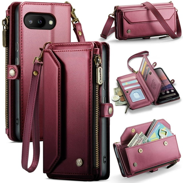 Funda tipo cartera para Google Pixel 9A con bloqueo RFID, tarjetero, cremallera y ranura para billetes, correa de hombro magnética de piel sintética suave para mujer