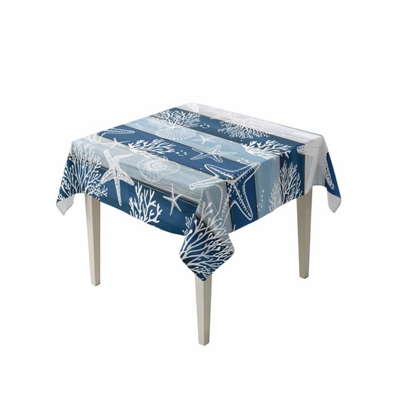 Navy Blue Coastal Beach Suqare Tablecloth - 60 x 60 Inch, Nautical Starfish Coral Vintage Wooden Waterproof & StainResistant Tablecloth, Washable Oil-proof Table Cover for Dining/Party/Wedding/Buffet