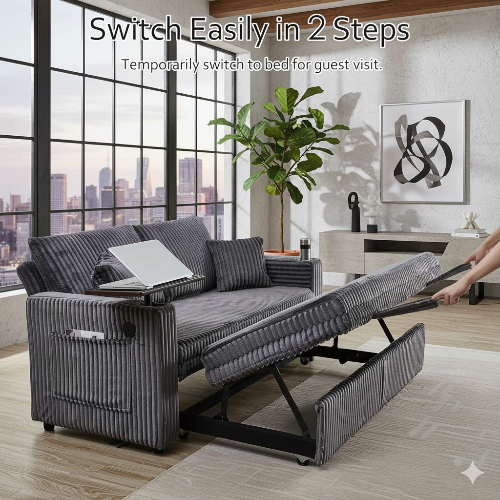 TiramisuBest 3 in 1 Sleeper Sofa Bed, 65" Convertible Pull Out Couch with Small Table, Corduroy Loveseat Sofa for Living Room Apartment Bedroom (Charcoal Gray)