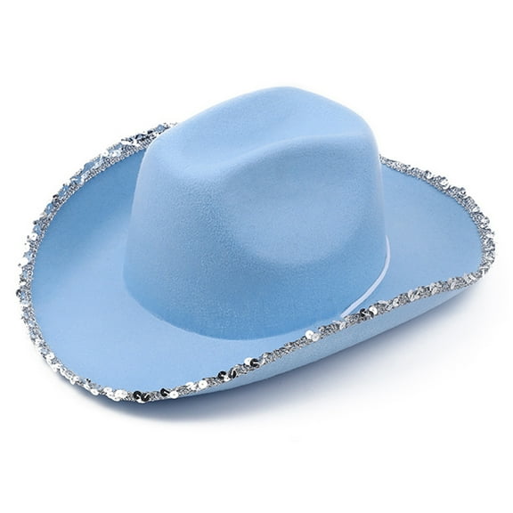 Breathable Blue Color Western Hats for Women Men Thick Cowboy Hat with Sequins Brim Felt Hat Wedding Party Hats