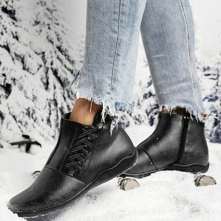 

Midewhik Flat Leather Boots Casual Fashion Pure Comfortable Color Ankle Women s Lace-Up women s boots