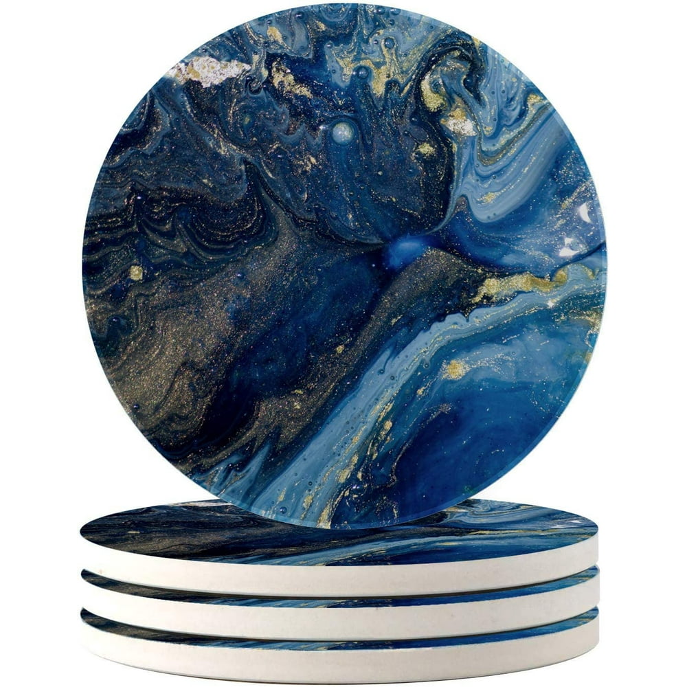 Blue Marble Coasters Set for Drinks Absorbent Gold Pattern