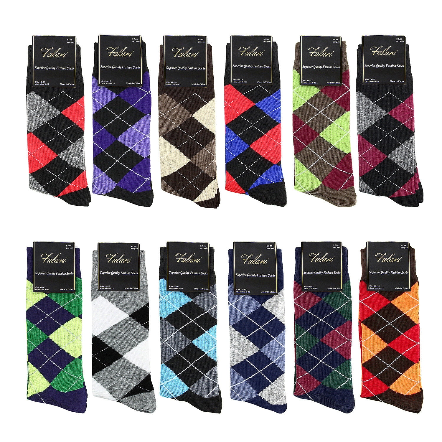 Falari 12-Pack Argyle Diamond Designed Assorted Color Men Dress Socks Size 10-13