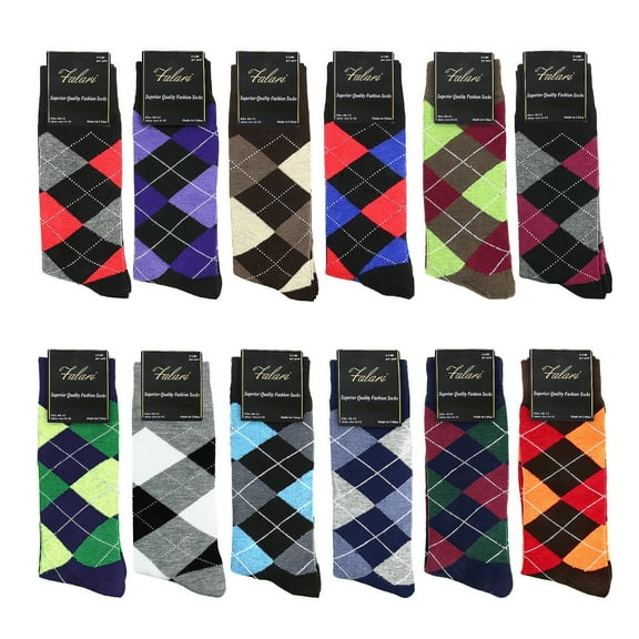 Falari Men Dress Socks 12 Pairs Assorted Colors Argyle Size 10-13