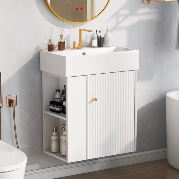 21.6inch Modern Floating Bathroom Vanity with Ceramic Basin - Perfect for Small Bathrooms, Left Side Storage, White