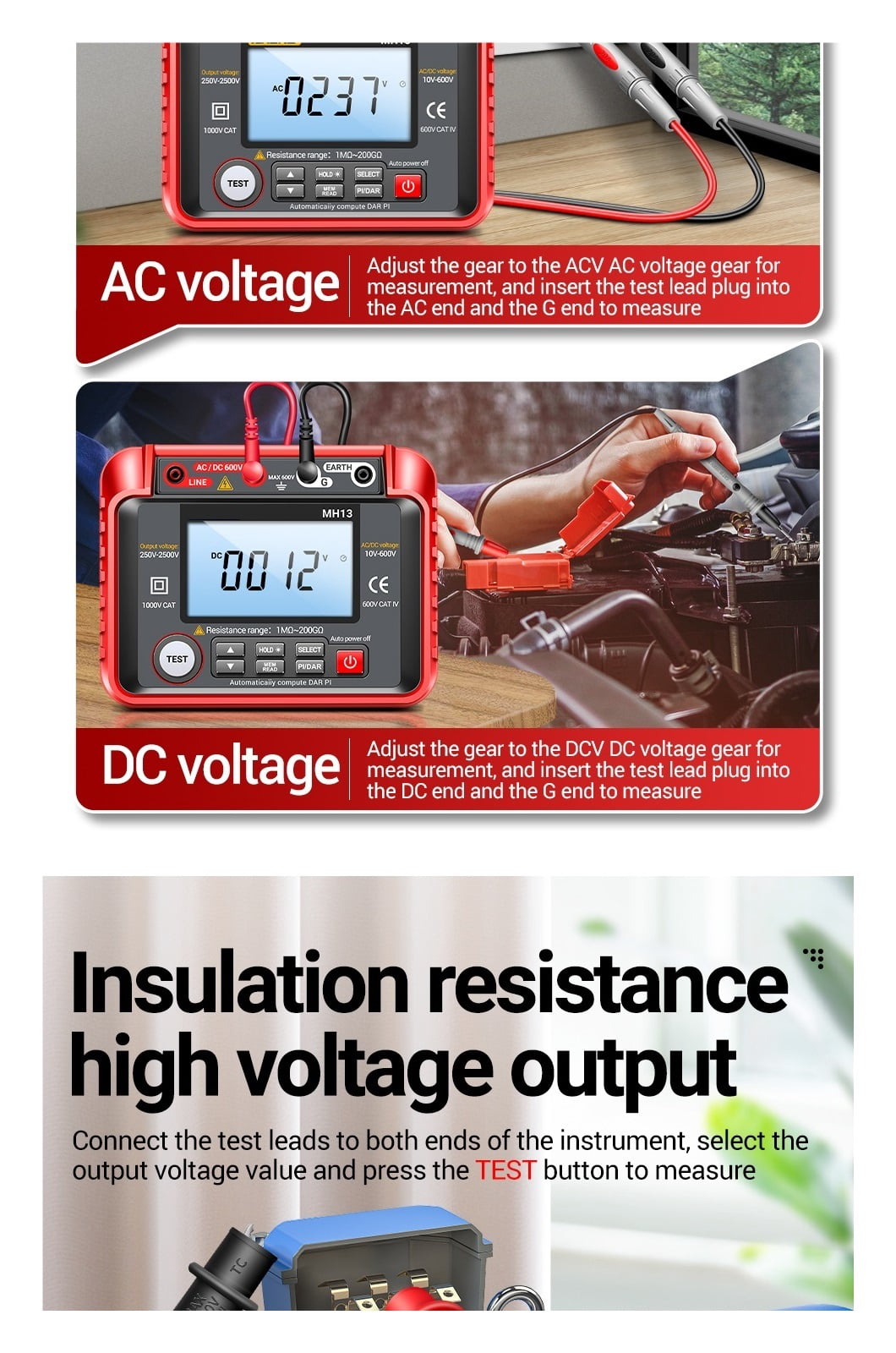 MH13 Ohm Tester Digital Multimeter Megometro Insulation Earth High Voltage Resistance Meter Tester Megohmmeter Tool