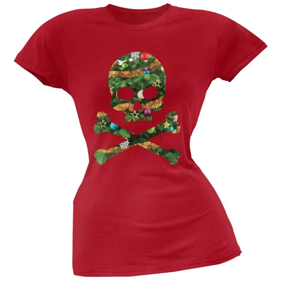 Skull And Crossbones Christmas Tree Cut Out Red Soft Juniors T-Shirt - Medium