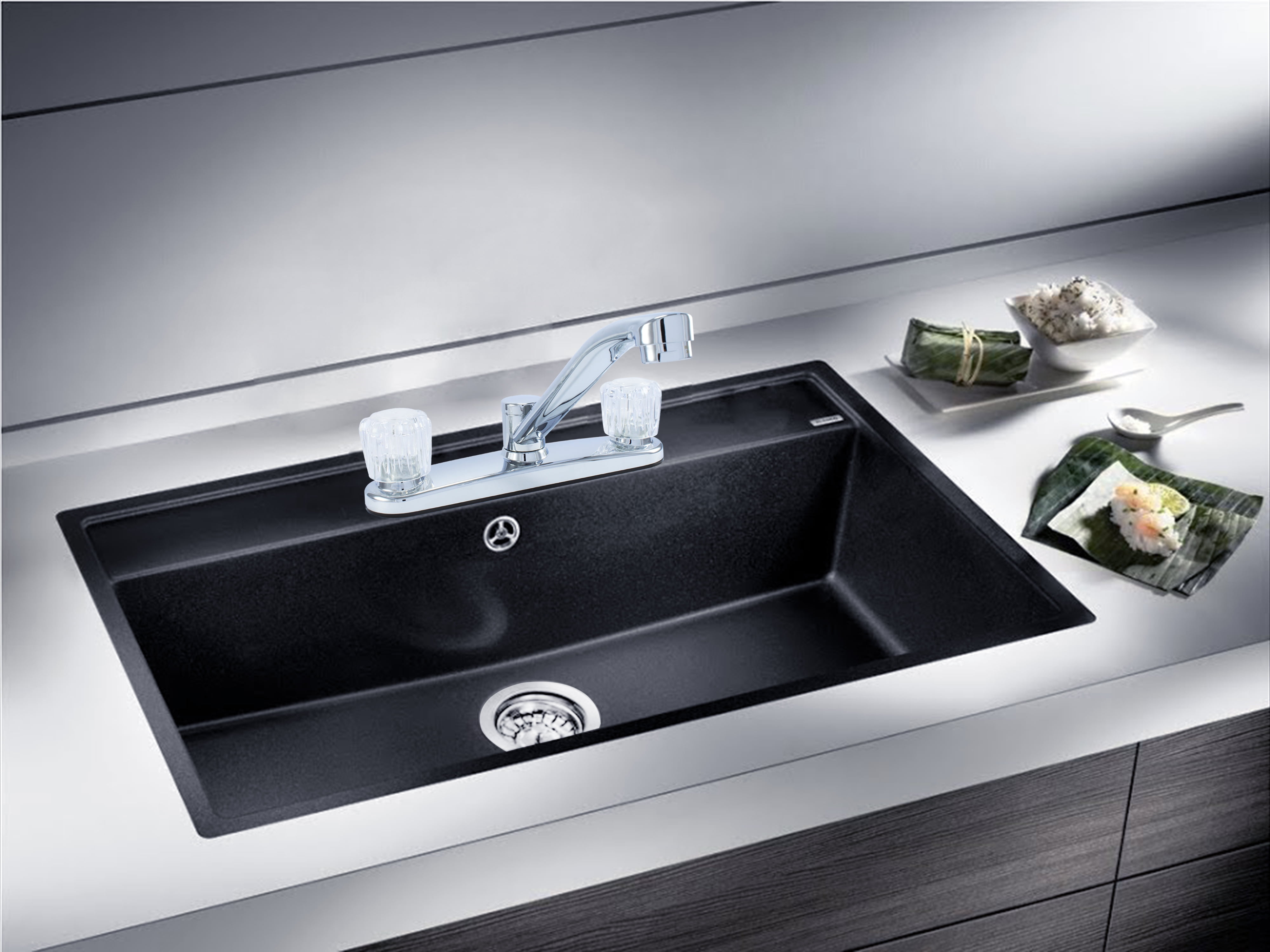 WMF-8237ZM-CP - Hybrid Metal Deck Kitchen Sink Faucet 360 Degree Swivel spout Double Handle Washerless Cart. Less Spray