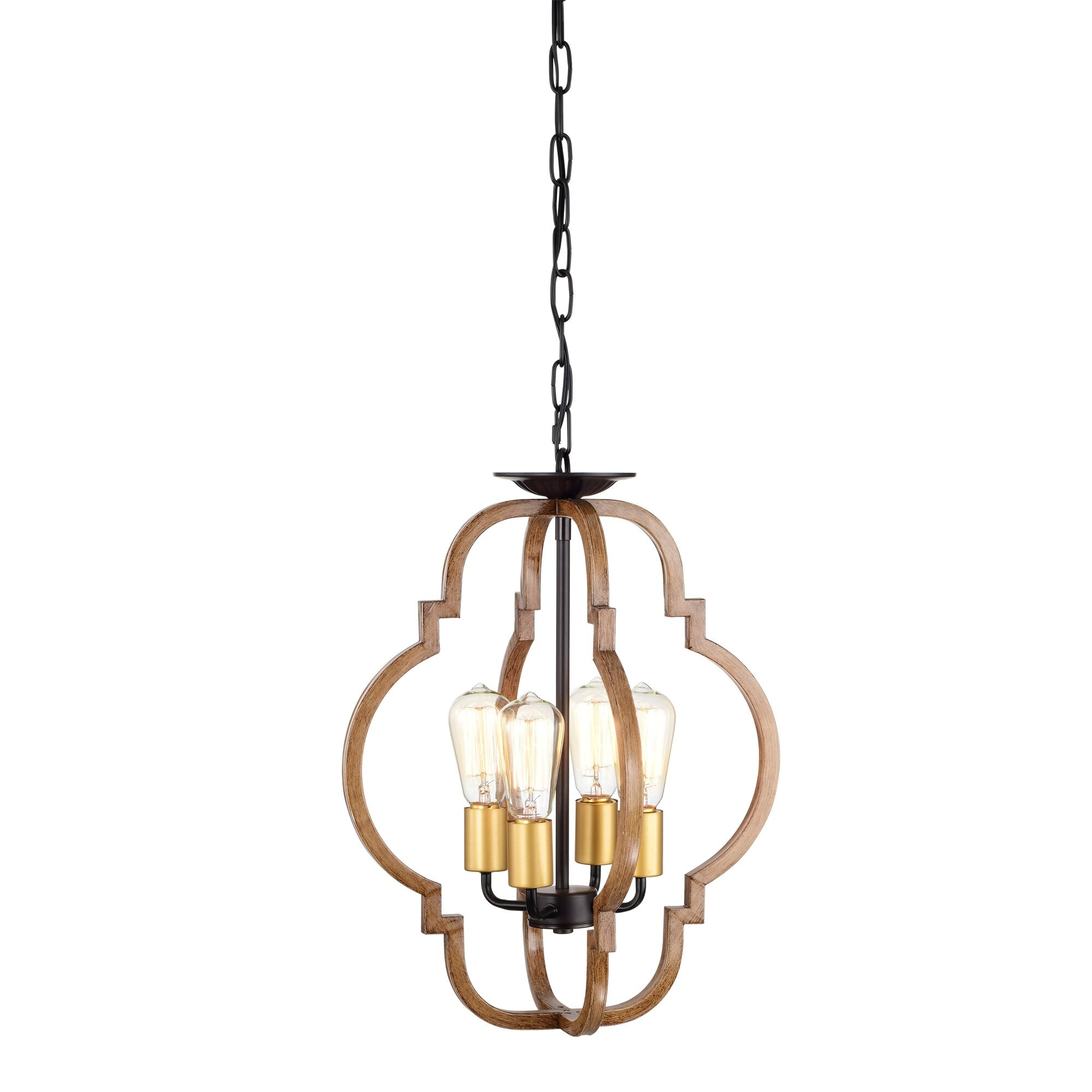 Ason 16 in. 4-Light Indoor Matte Black and Faux Wood Grain Finish Pendant with Light Kit