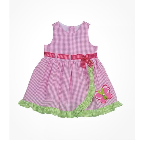RARE EDITIONS BABY GIRLS 18 M SEERSUCKER CHECK RIBBON BOW APPLIQUE DRESS