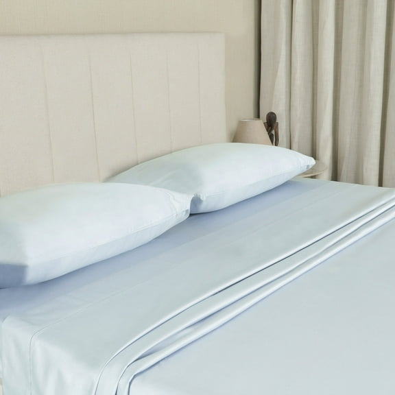 WelHome 100% Egyptian Cotton Premium 500 Thread Count 4-Piece Full Size Deep Pocket Bed Sheet Set, Super Soft Sateen Weave, Luxurious Bedding Set, 1 Fitted, 1 Flat Sheet & 2 Pillowcases, Cloud Blue