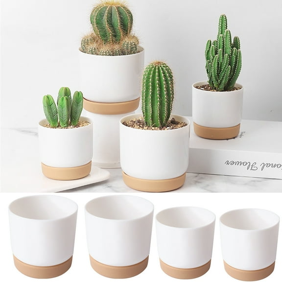 Cheer.US 2 Pcs Succulent Pot, Ceramic Succulent Planter Plant Pot for Cactus, Herbs, with Bamboo Tray & Drainage Hole – Desktop Windowsill Decor Pot,Plant Pot for Succulents, Cactus, Herbs