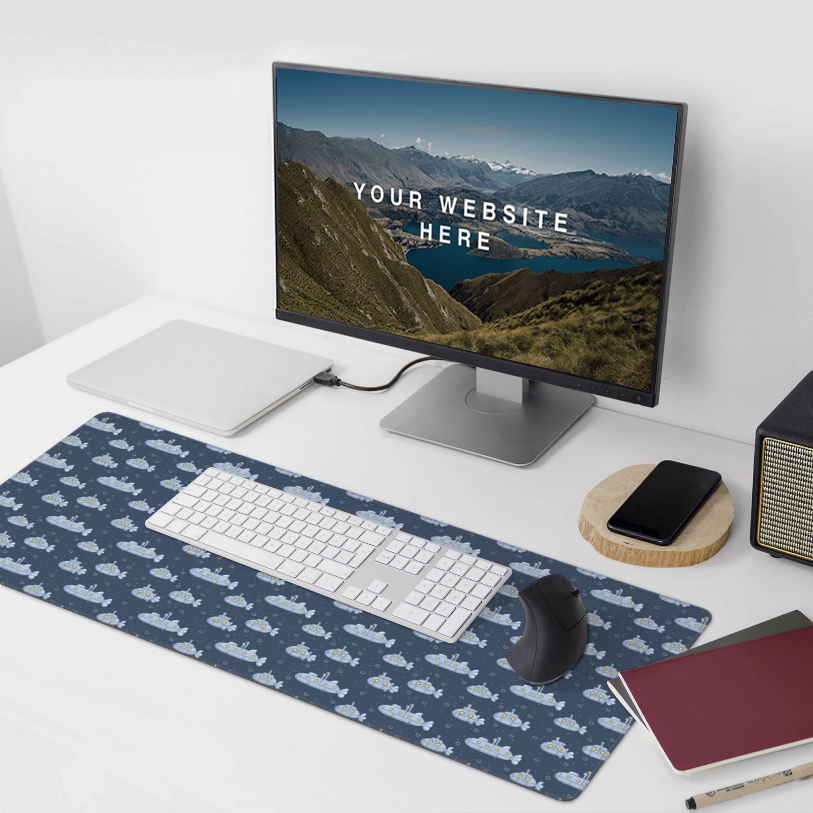 Hirioo Submarine With Periscope for Mouse Pad ,Anti-Slip Base, Durable Stitched Edges, Perfect for Gaming, Office, and Home Use,16x35.5in