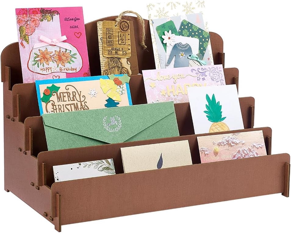 Greeting Card Display Stand Holder 4-Tier Wooden Organizer Display Rack Postcard Display Portable Birthday Card Display Sticker Display Stand for Vendors Counter Retail Display Holder Black