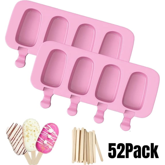 Popsicle Silicone Molds Set, 2 PCS Ice Cream Molds with 50 Wooden Sticks for Cake Pop, Ice Pop, Cakesicles (Standard Size/Pink)