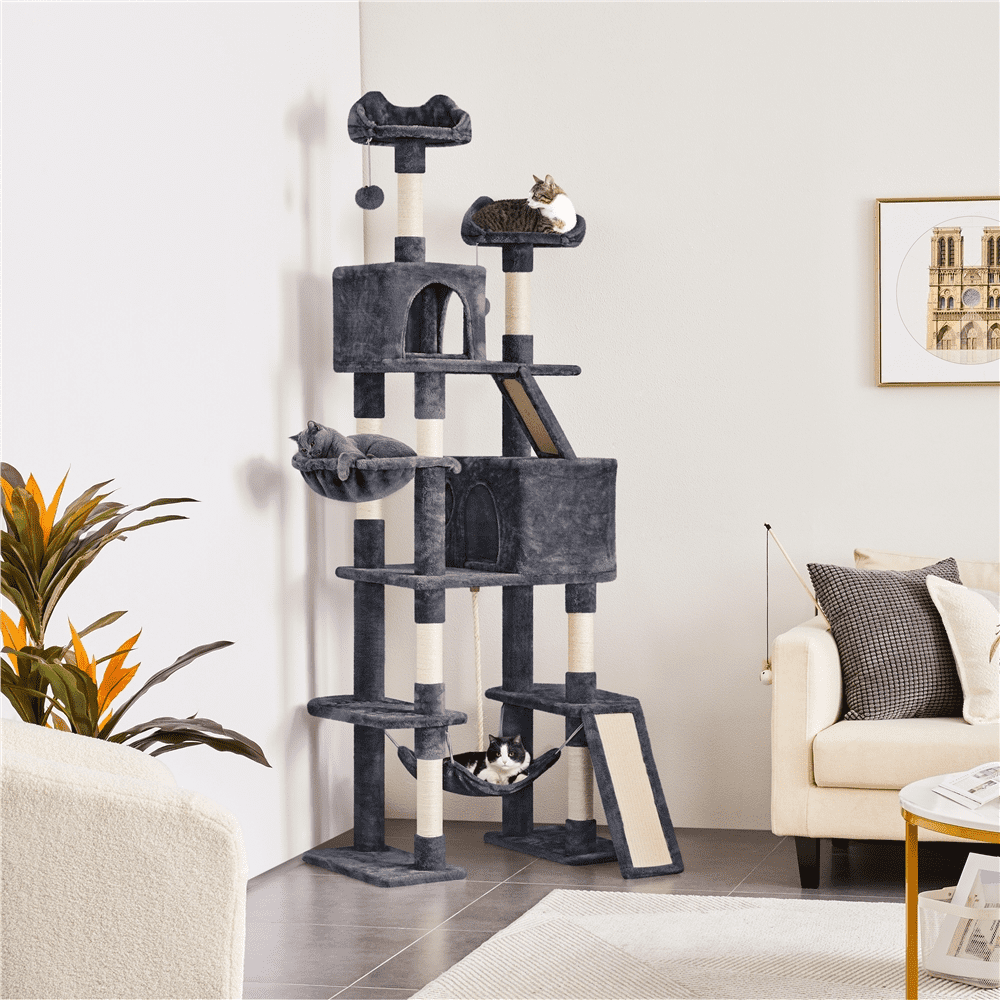 Alden Design 82.5″ H Multi Level Large Cat Tree with 2 Cozy Condos for Indoor Small/Medium Cats, Dark Gray