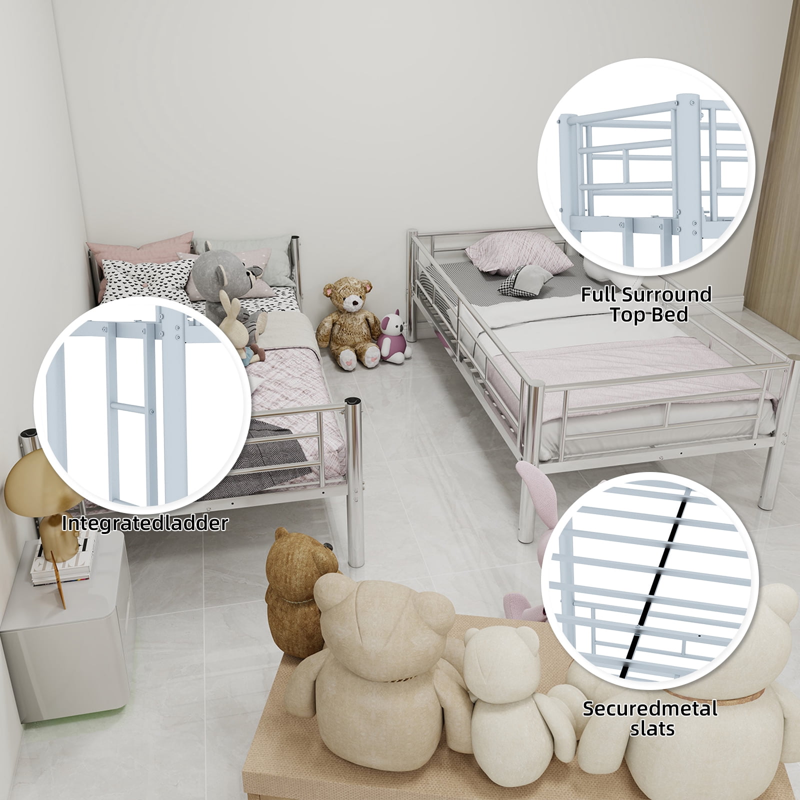 Alvantor Metal Bunk Bed Twin over Twin for Kids, Convertible 2 Beds, Heavy Duty Bed Frame with Under-Bed Storage for Bedroom Silver