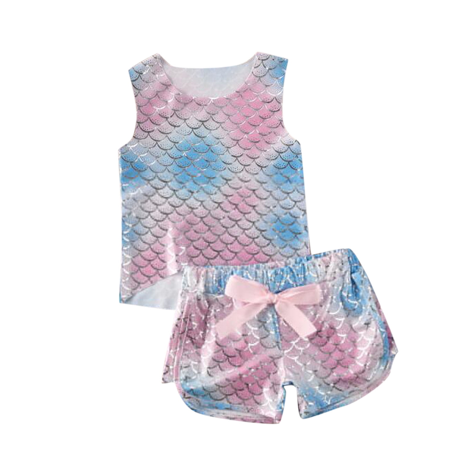 Toddler Kids Baby Girl Summer Tie-Dye Mermaid Squama Tops+Shorts Outfits 2PC Set