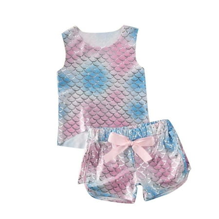 

Mikilon Infant Baby Girls Swimsuit Outfits Tie-Dye Mermaid Squama Print Sleevless Tops+Shorts Swimwear Set Toddler Girl Clothes Clearance for 3-4 Years Child