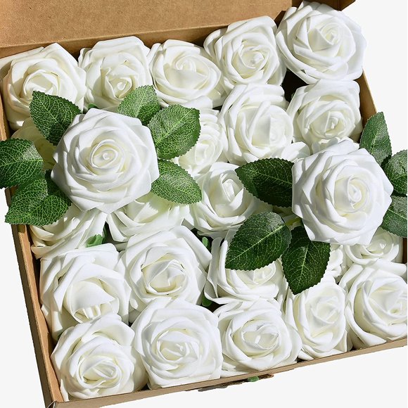 Artificial Roses Flowers 25pcs With Stem Fake Roses For Wedding Bouquets Centerpieces,arrangements Party Baby Shower Home Decorations (white)