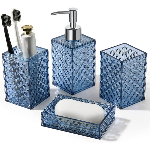Bathroom Accessories Set, 4 Pack Blue Acrylic Bath Accessory Sets Complete, Diamond Soap Dispenser and Toothbrush Holder Bathroom Counter Sink Set, Boho Modern Bathroom Decor