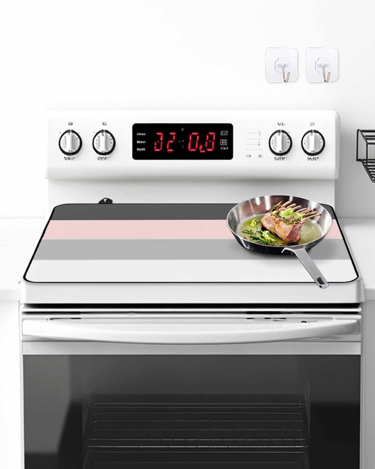 Stove Top Covers for Electric Stove, Pink Grey Striped Glass Stovetop Cover Protector, Farmhouse Modern Induction Cooktop Protector Oven Mat for Kitchen Countertop 31"x24"