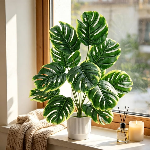 Artificial Monstera Plant Indoor Desk Decor Faux Tropical Plant Realistic Leaves Low Maintenance No Watering Home Office Living Room Bedroom Table Decor For Interior Use