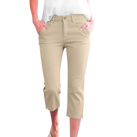 Lamiy Capri Pants for Women Work Pants Business Casual Slim Stretch Capris Mid Waist Office Crop Pants with Pockets,Khaki,S