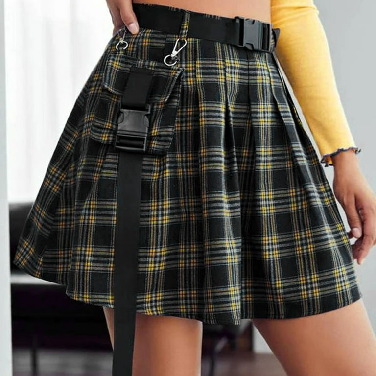 Women Punk Gothic A-line Pleated Plaid Mini Skirt Ball Gown Clubwear Dress  Plus