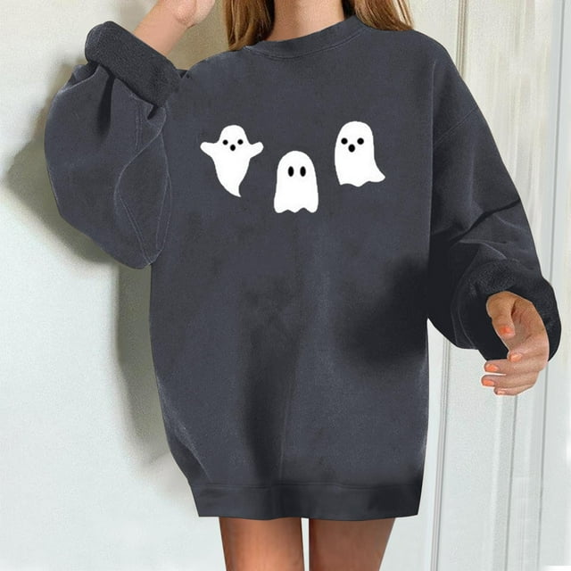 jsaierl Chandail en Molleton pour Femmes Coupe Ample Manches Longues Chandail Halloween Col Rond Mignon Hauts pour Femmes Tunique Confortable Haut Halloween pour Femmes
