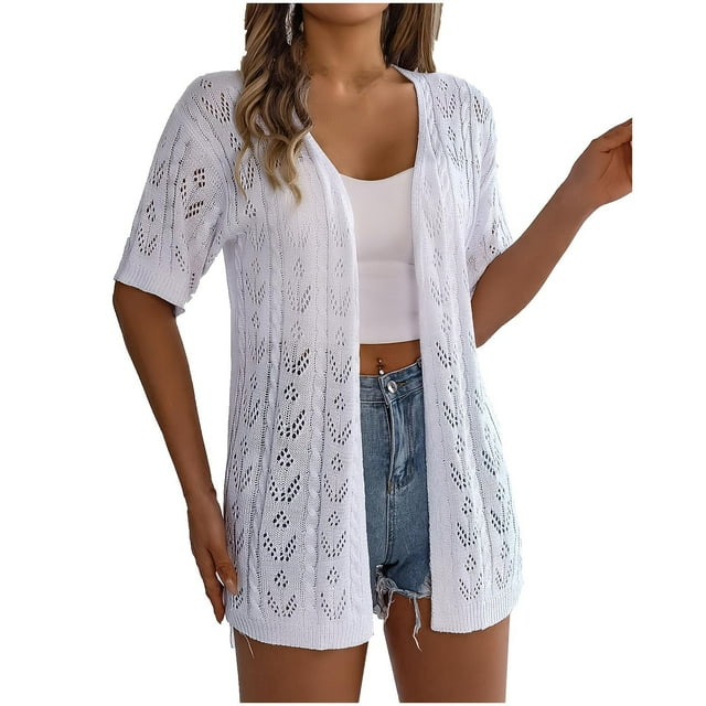 Japceit Cardigan pour Femmes, Couleur Unie, Décontracté, à Manches Courtes, Haut en Tricot Ajouré