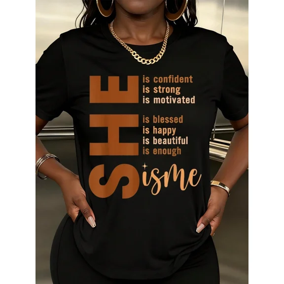 Women's Inspirational Graphic T-Shirt, SHE Is Me Positive Affirmations Short Sleeve Crewneck Tee, Black