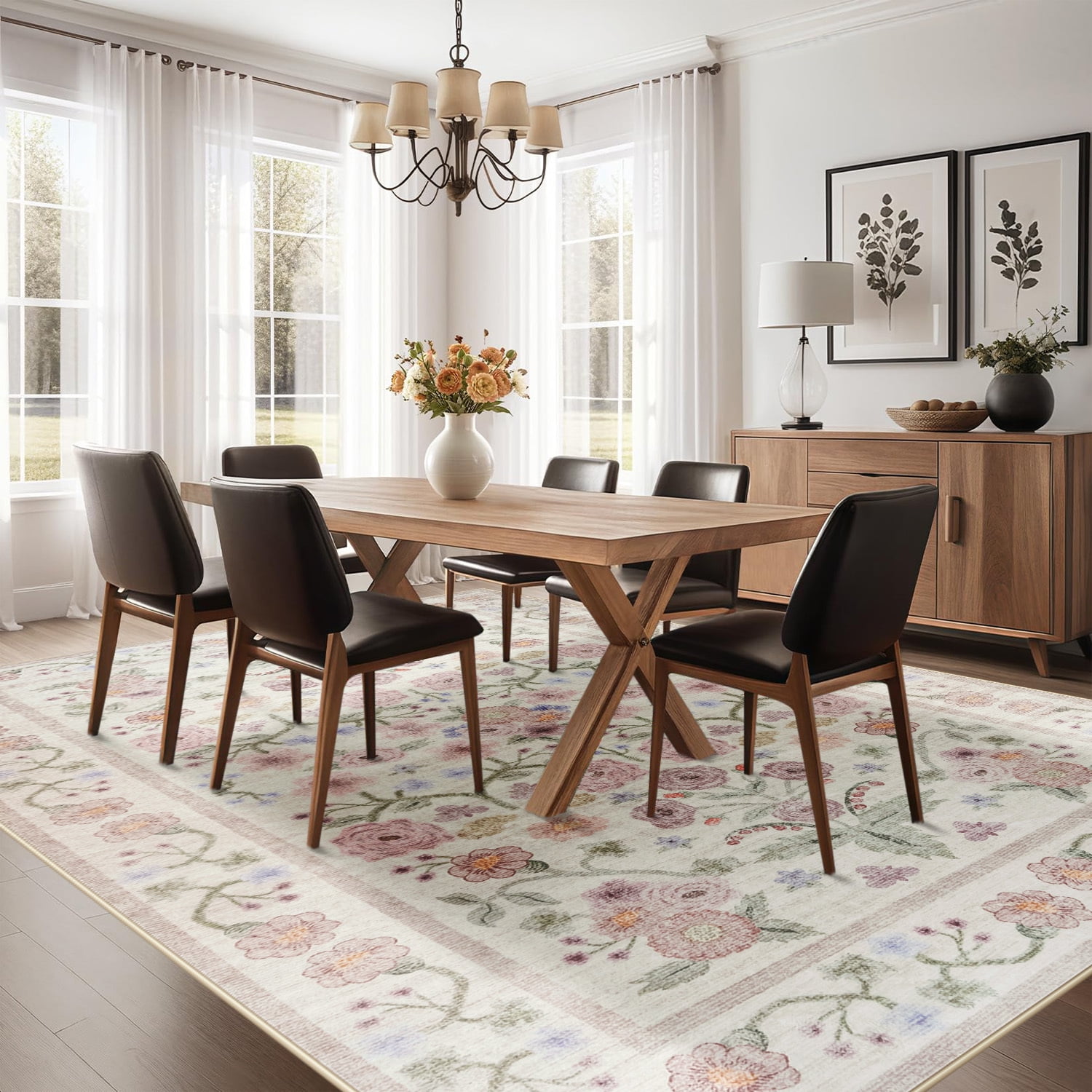 Wondo Washable Area Rug 5x8 - Traditional Floral Living Room Rug Stain Resistant Soft Bedroom Rug, For Under Table Living Room Indoor Rug, Beige