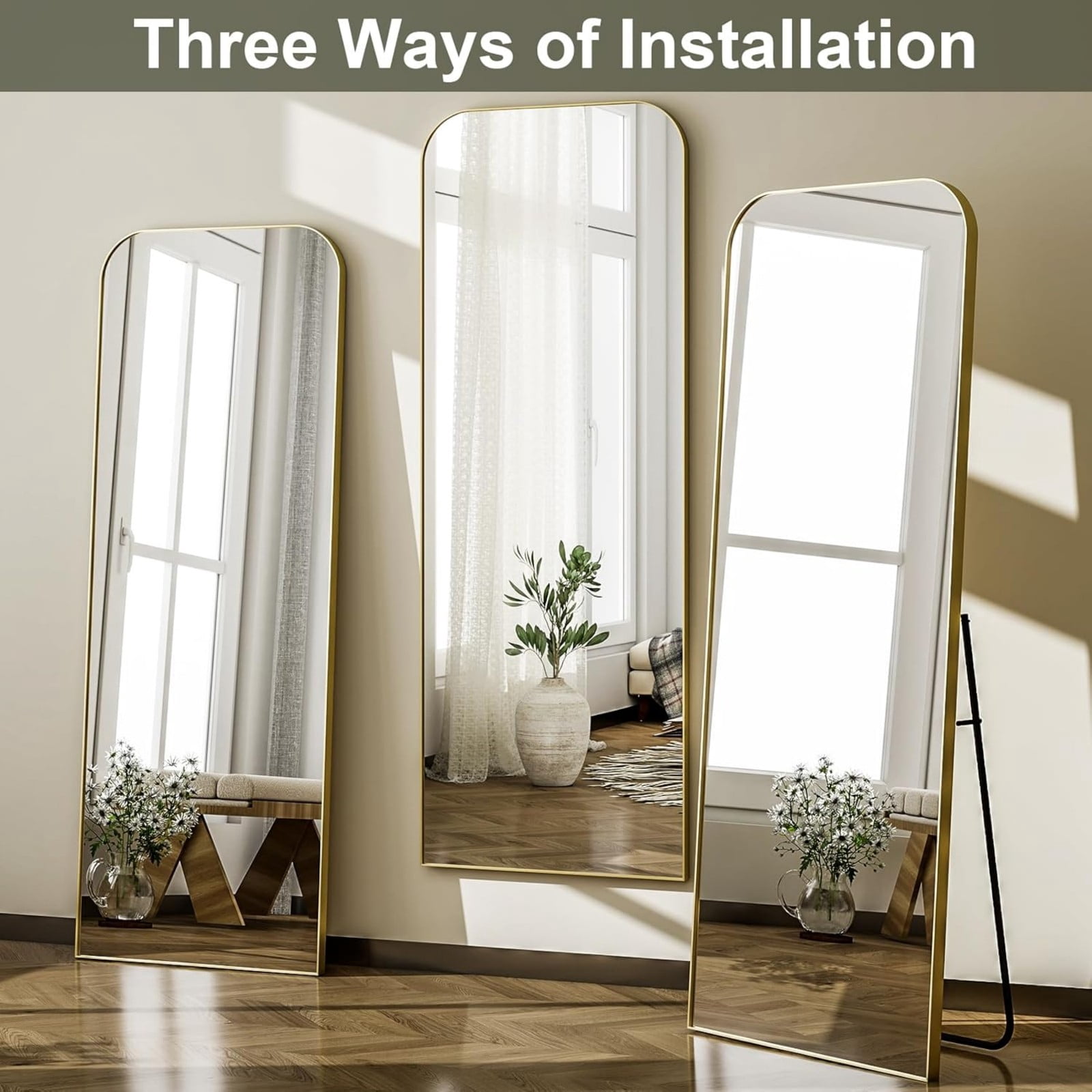 AUROMIR 64"x21" Arched Full Length Mirror Freestanding Floor Mirror with Metal Frame, Gold