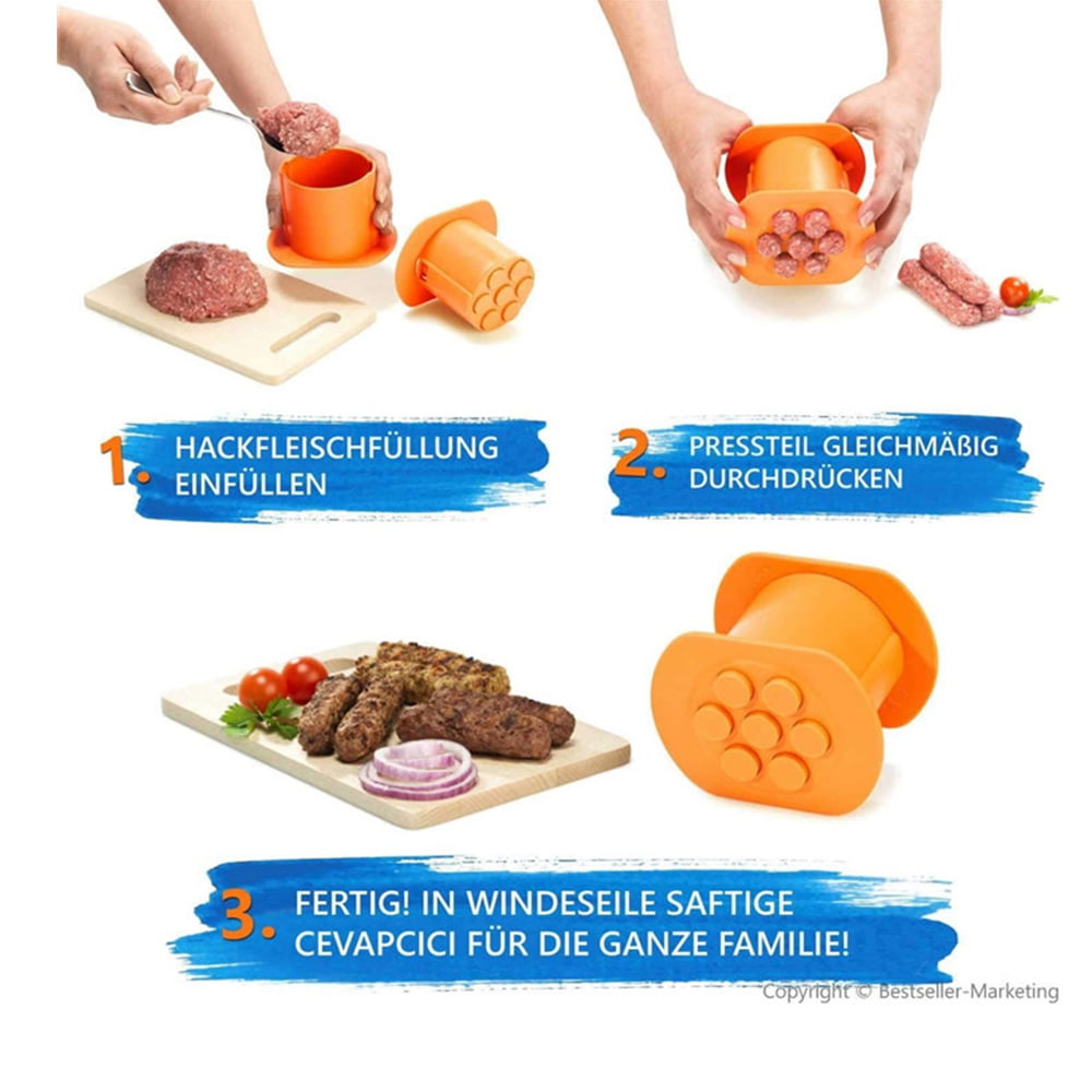 Making Delicious Stuffed Sausages Sausage Hot Dog Maker Meat Strip Squeezer Orange BBQ Grill Accessories One Press Cevapcici Maker Manual Sausage Maker Hot Dog Maker with 7 Holes
