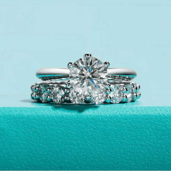 Silvago Jewel 14K White Gold Plated Ring Set for Bridal - Brilliant 1.9 Ct Round Cut Diamond Ring Set - Eternity Matching Band with Bridal Set - Anniversary Gifts Clearance Ring - Anniversary Gifts