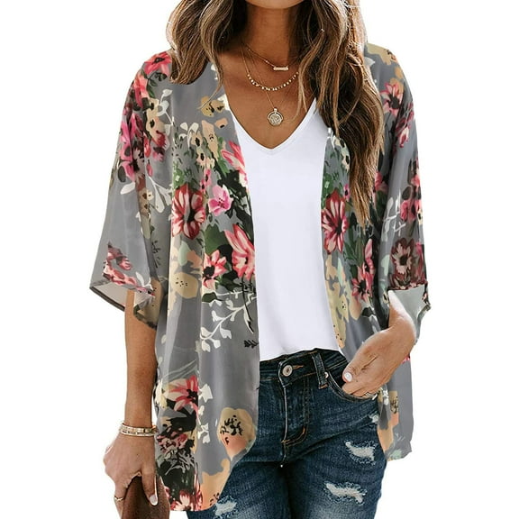 Zunfeo Women Casual Tops- Floral Printed Puff Sleeve Kimono Cardigan Loose Chiffon Cover Up Casual Blouse Tops Gray M