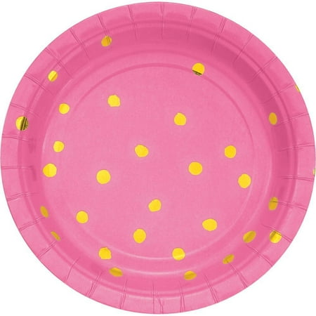 Dots Pink Dessert - Creative Converting Candy Pink And Gold Foil Dot Dessert Plates, 8 ct