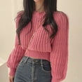thumbnail image 2 of Suéteres de punto recortados de color rosa para mujer, moda coreana 2024, jersey holgado de manga larga para mujer, jersey de cuello redondo salvaje de color sólido, 2 of 5