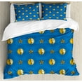 thumbnail image 1 of Children Duvet Cover Set King Size, Sun and Moon Phases Doodle Cosmos Planetary Children's Cartoon Design, Decorative 3 Piece Bedding Set with 2 Pillow Shams, Cobalt Blue and Mustard, by Ambesonne, 1 of 3