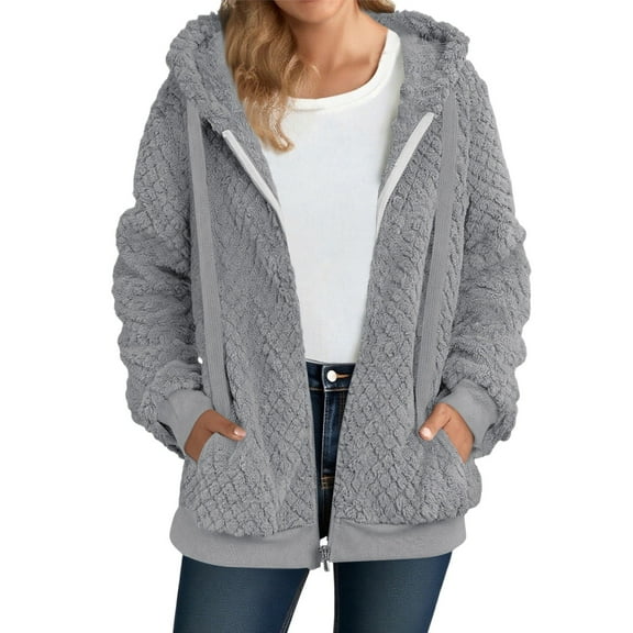 Womens Fuzzy Fleece Long Jacket Long Sleeve Zipper Up Sherpa Coat Casual Solid Color Drawstring Oversized Outerwear with Pocket