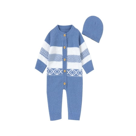 

Bangyeer Toddler Baby Boy Winter Clothes Knit Sweater Romper Long Sleeve Button Down Jumpsuit with Hat