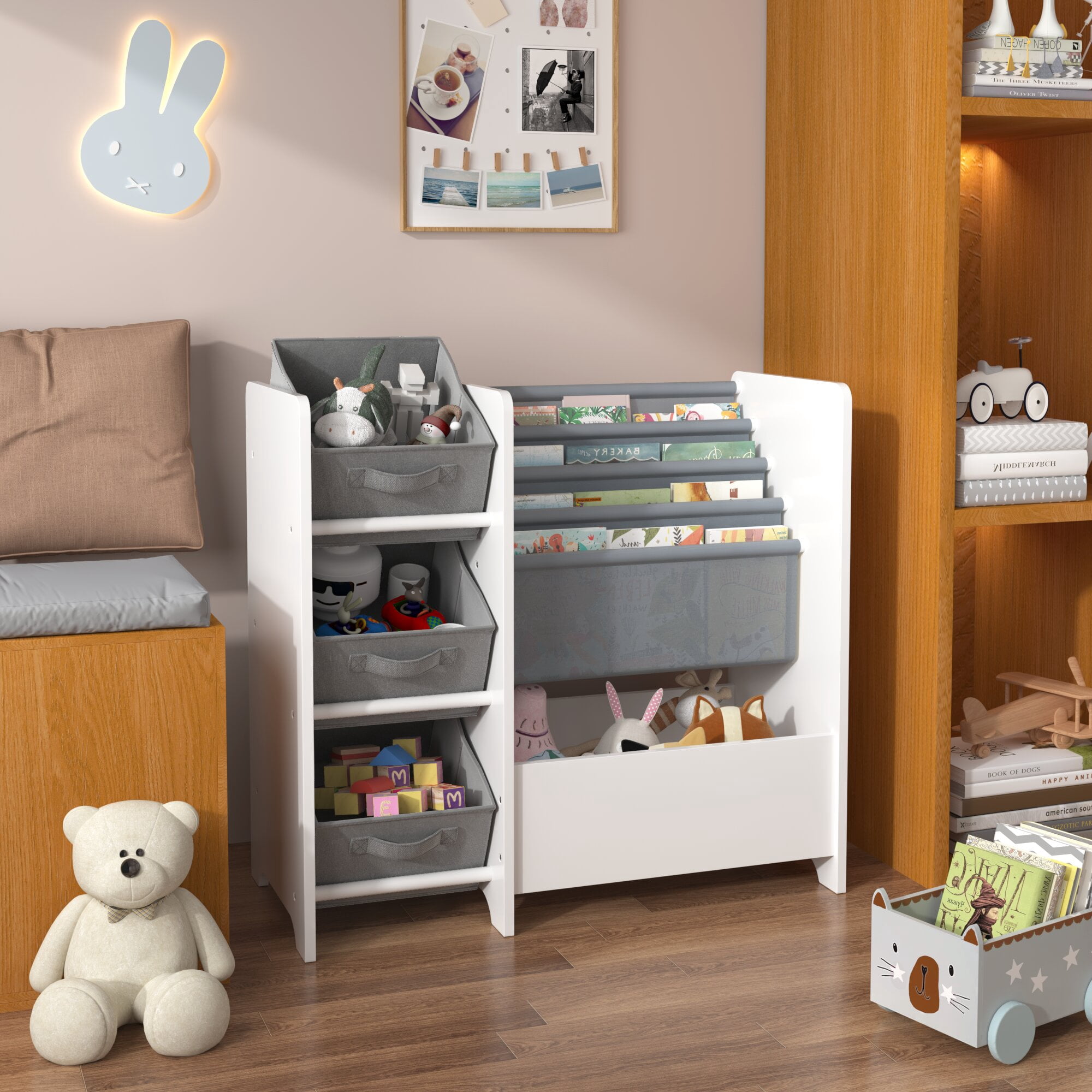 Yoneston Kids Bookshelf and Toy Storage Organizer, Multifunctional 4 Tier Kids Bookcase with 3 Collapsible Fabric Drawers for Children Toddler Bedroom Playroom Nursery, White