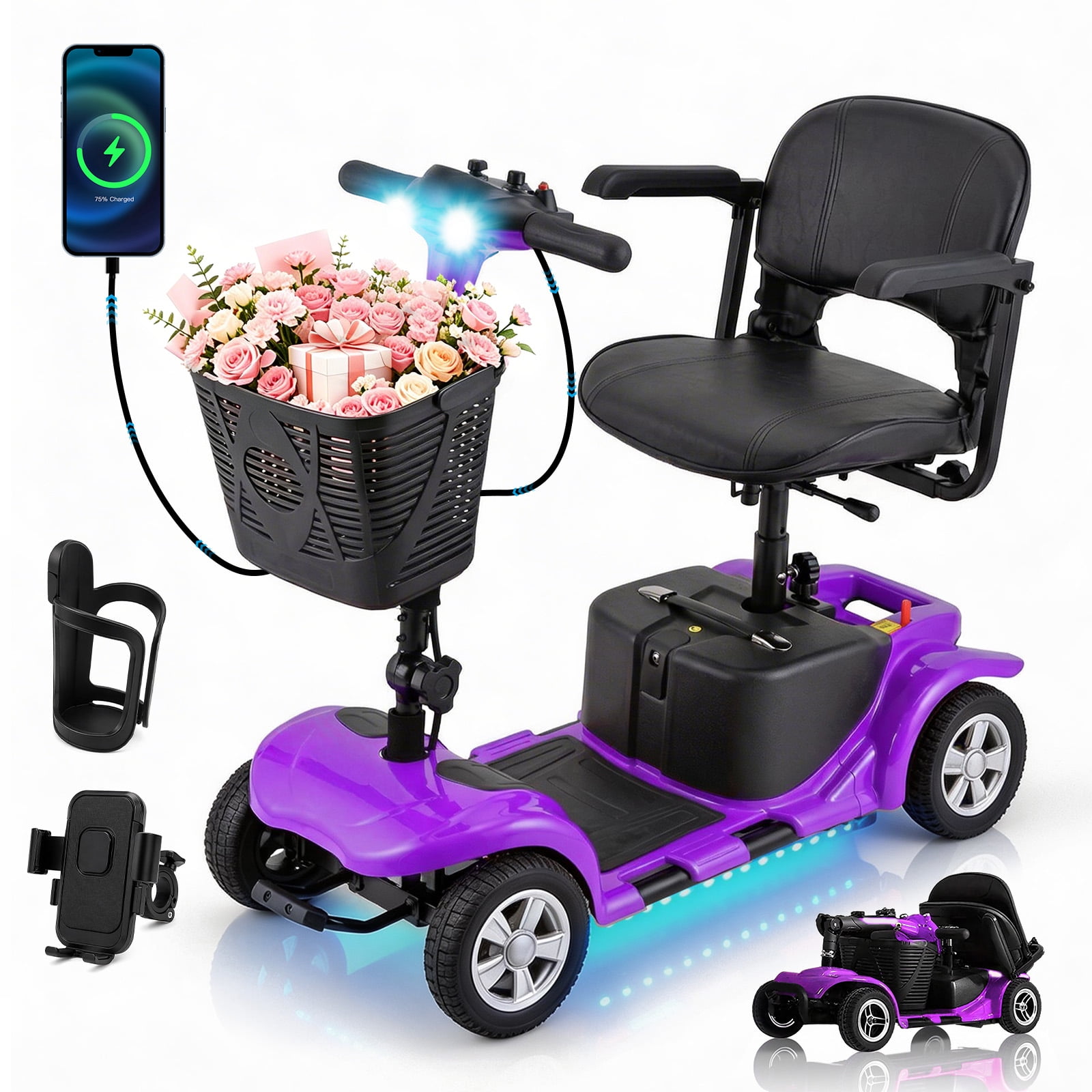 Aoemoe 4 wheeled Elderly Mobility Scooters are Suitable for the Elderly&Adult, Ideal Mother's Day Gift for Mom with Rotatable Height-Adjustable Seat & Removable Battery, Purple