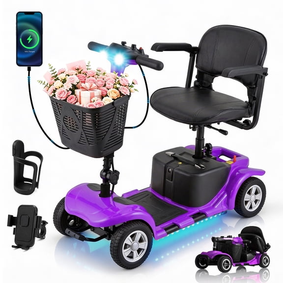 4 Wheels Mobility Scooter for Adults, Senior Electric Powered Chargeable Device for Travel, Lightweight and Portable, with LED Headlights and Basket, Charger Included, Mother's Day Gift for Mom, Medi